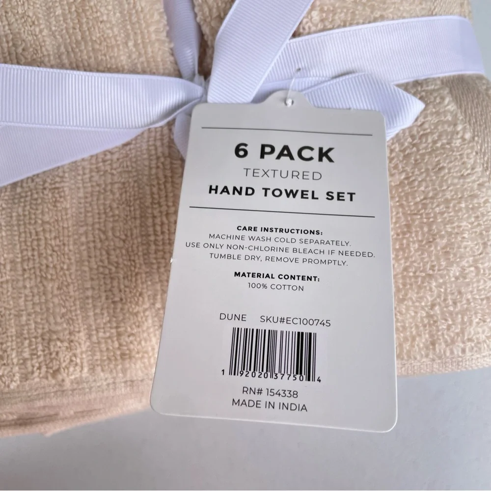 New Great Bay Home 6 Pack Hand Towel Set 100% Cotton Color Dune Beige Bathroom